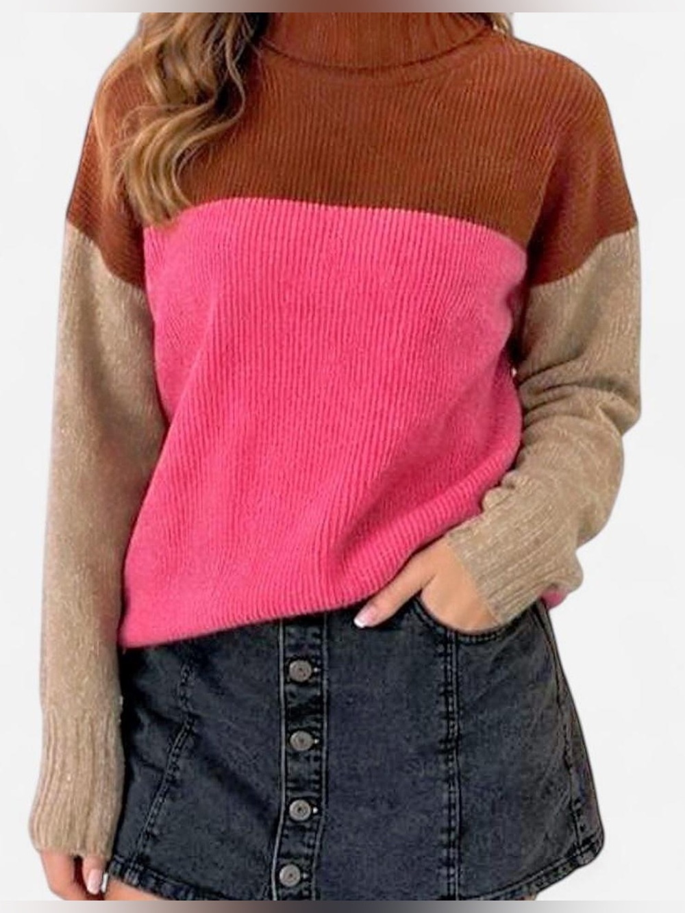 Free People Pink, Brown & Tan Colorblock Turtleneck Sweater (Candy Pop)